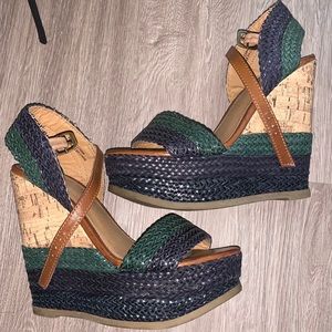 Blue & Green Braided Cork Wedge Heels - Sz 7